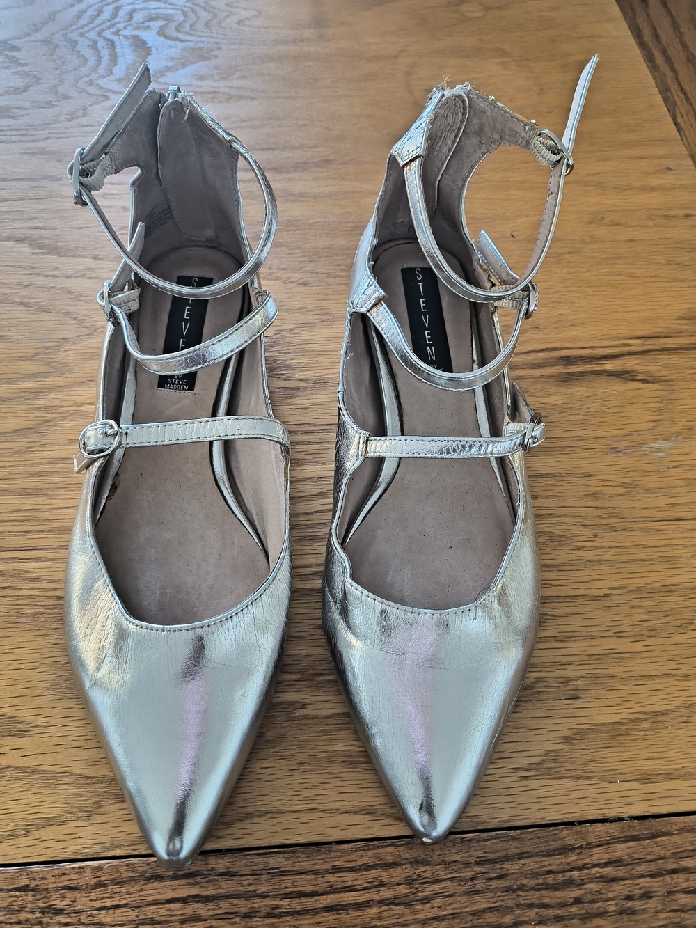 Steve Madden Silver Pointed-Toe Strappy Flats